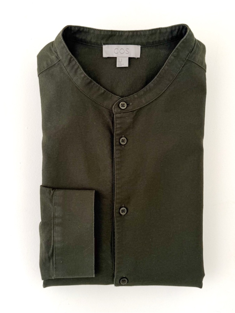 New COS Men's Olive Green Band Collar Shirt Quarter Button Twill Size L Men's - Picture 2 of 13
